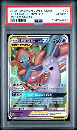2019 POKEMON SUN & MOON UNIFIED MINDS #72 ESPEON & DEOXYS GX PSA 10 - Image 1