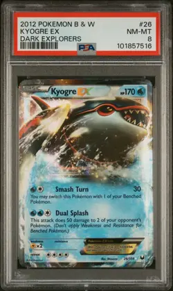 PSA Graded NM/MT 8 Kyogre EX 26/108 Pokemon Black & White Dark Explorers Holo - Image 1