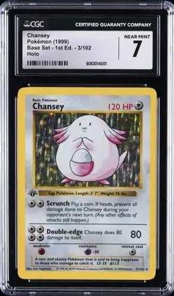 1999 POKEMON BASE SET 1ST ED #3 CHANSEY CGC 7 - Image 1