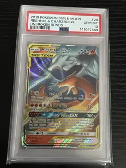 2019 POKEMON SUN & MOON UNBROKEN BONDS #20 RESHIRAM & CHARIZARD GX PSA 10 - Image 1