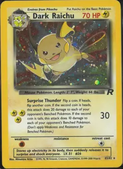 2000 Pokemon Unlimited Holofoil Secret Rare Team Rocket Dark Raichu 83 - Image 1