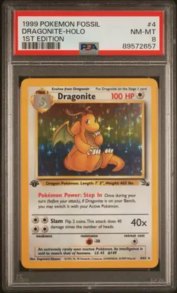 1999 Pokemon Fossil - Dragonite Holo 1st Edition PSA 8 - Image 1