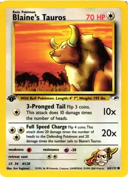 Pokemon TCG 1st Edition Gym Heroes Blaine’s Tauros 64/132 VLP - Image 1