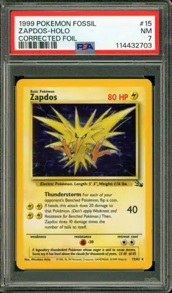 1999 POKEMON FOSSIL #15 ZAPDOS - HOLO NM PSA 7 CORRECTED FOIL LOOKS BETTER - Image 1