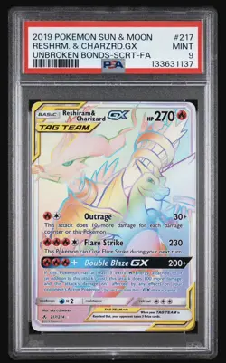2019 Pokemon S&M Unbroken Bonds Reshiram & Charizard GX #217 | TAG TEAM | PSA 9 - Image 1
