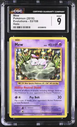CGC 9 MINT Mew 2016 Evolutions 53/108 Holo Pokemon Card - Image 1