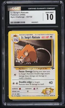 2000 Pokemon Gym Challenge Lt. Surge's Raticate 53/132 10 Gem Mint Ken Sugimori - Image 1