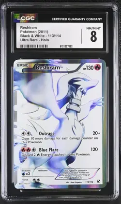 CGC 8 Reshiram 2011 Black & White 113/114 Ultra Rare Holo Pokemon Card - Image 1