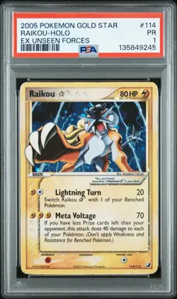 PSA 1 RAIKOU GOLD STAR 114/115 | EX Unseen Forces Holo Graded Pokemon Card - Image 1