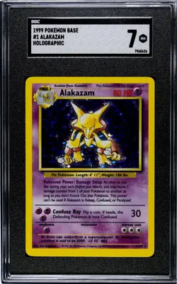 1999 Pokemon BASE UNLIMITED ALAKAZAM 1/102 Holographic Card SGC Graded 7 NMINT - Image 1