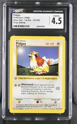 1999 Pokemon Base Set Shadowless 1st Edition #57/102 Pidgey CGC 4.5 Gray Stamp - Image 1