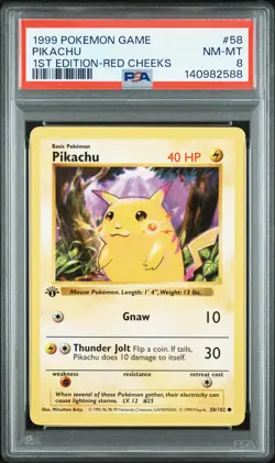 1999 POKEMON GAME 1ST ED-RED CHEEKS #58 PIKACHU PSA 8 - Image 1