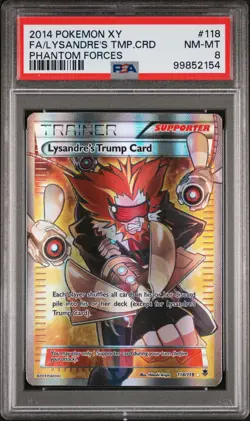 2014 POKEMON XY PHANTOM FORCES #118 FULL ART/LYSANDRE'S TRUMP CARD PSA 8 - Image 1