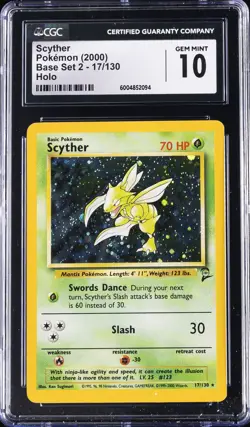 2000 POKEMON BASE SET 2 - HOLO #17/130 SCYTHER CGC 10 GEM MINT - Image 1