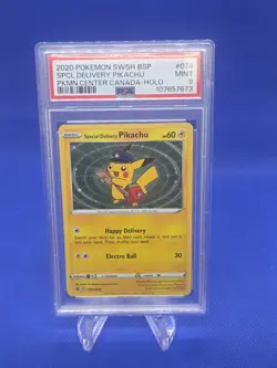Pokemon Center Canada Special Delivery Pikachu SWSH074 Cosmo Holo W/ Swirl PSA 9 - Image 1