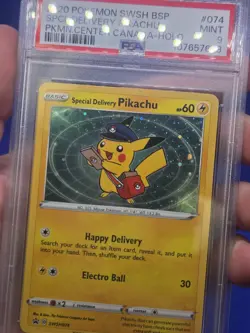 Pokemon Center Canada Special Delivery Pikachu SWSH074 Cosmo Holo W/ Swirl PSA 9 - Image 2