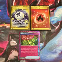 Pokemon Gold/Pink Foil Lot (3 Cards) Spiky Energy, Basic, Unfair Stamp - Image 1