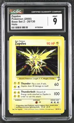 CGC 9 MINT Zapdos 2000 Base Set 2 20/130 Holo Pokemon Card - Image 1