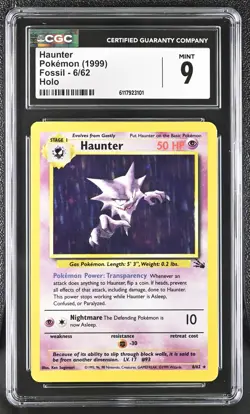 CGC 9 MINT Haunter 1999 Fossil 6/62 Holo Pokemon Card - Image 1