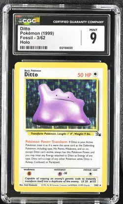 CGC 9 MINT Ditto 1999 Fossil 3/62 Holo Pokemon Card - Image 1