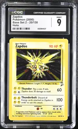 CGC 9 MINT Zapdos 2000 Base Set 2 20/130 Holo Pokemon Card - Image 1