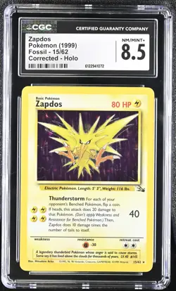 CGC 8.5 Zapdos 1999 Fossil 15/62 Corrected Holo Pokemon Card - Image 1
