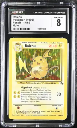 CGC 8 Raichu 1999 Fossil 14/62 Holo Pokemon Card - Image 1