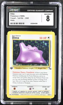 CGC 8 Ditto 1999 Fossil 1st Edition 3/62 Holo Pokemon Card - Image 1