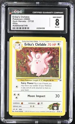 CGC 8 ERROR ADDITIONAL INK Erika's Clefable Gym Heroes 3/132 Holo Pokemon Card - Image 1