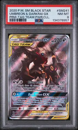 2020 POKEMON SM BLACK STAR PROMO TAG TEAM POWERS COLL UMBREON & DARKRAI GX PSA 8 - Image 1