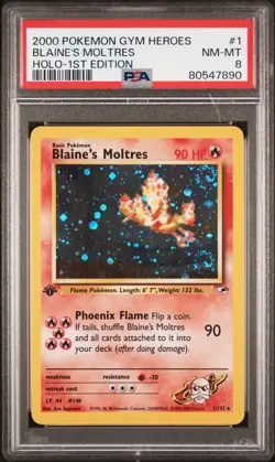 2000 Pokemon Gym Heroes 1st Edition 1 Blaine's Moltres Holo 1st Edition PSA 8 - Image 1