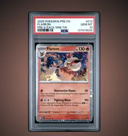 2025 POKEMON PRISMATIC EVOLUTIONS 013 FLAREON COSMOS HOLO PROMO MINI TIN PSA 10 - Image 1