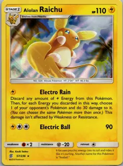 Pokemon TCG Alolan Raichu Holo Rare 57/236 Unified Minds 2019 LP - Image 1