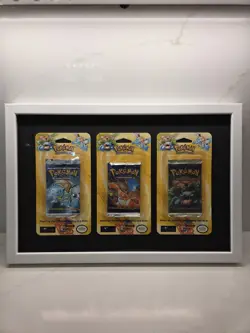 1999 POKEMON BASE UNLIMITED CHARIZARD, BLASTOISE, VENUSAUR BLISTER PACK - FRAMED - Image 1