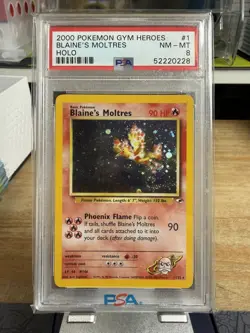 PSA 8 Blaine's Moltres Holo Gym 1/132 Heros Graded Pokemon Card - Image 1
