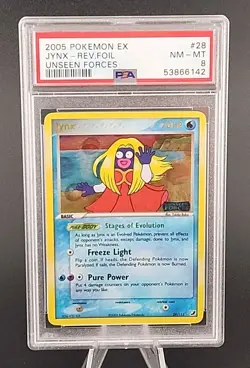 PSA 8 NM-MT 2005 POKEMON EX UNSEEN FORCES #28 Jynx REVERSE HOLO FOIL RARE - Image 1