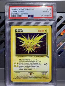 1999 POKEMON FOSSIL ZAPDOS HOLO #15 PSA 8 NM-MT CORRECTED FOIL - Image 1