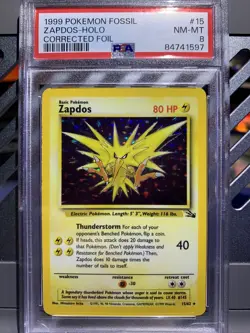 1999 POKEMON FOSSIL ZAPDOS HOLO #15 PSA 8 NM-MT CORRECTED FOIL - Image 4