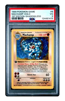 RARE 1999 POKEMON GAME MACHAMP HOLO 1ST EDITION SHADOWLESS G1879 PSA 3 VERY GOOD - Image 1