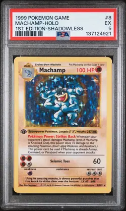 1999 POKEMON GAME 1ST ED-SHADOWLESS #8 MACHAMP-HOLO PSA 5 - Image 1