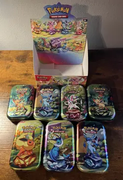Prismatic Evolutions EMPTY Mini Tin Set Of 7 Display And Tins ONLY Pokemon - Image 1