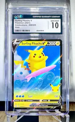 Pokemon 2021 Surfing Pikachu v Celebrations Holo Card 008/025 CGC Gem Mint 10 - Image 1