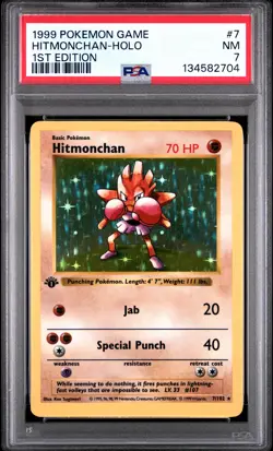 1999 Pokemon Game #7 Hitmonchan Holo 1st Edition Shadowless PSA 7 NM - Image 1