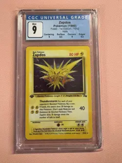 Pokemon TCG Zapdos 15/62 1999 Fossil - 1st Edition Rare Holo CGC 9 MINT - Image 1