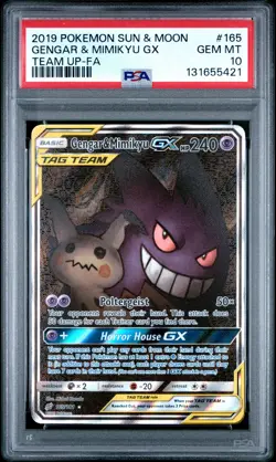 2019 POKEMON SUN & MOON TEAM UP #165 FULL ART/GENGAR & MIMIKYU GX PSA 10 - Image 1