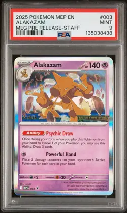 2025 POKEMON MEP PROMO MEGA EVOLUTION PRERELEASE-STAFF #003 ALAKAZAM PSA 9 - Image 1