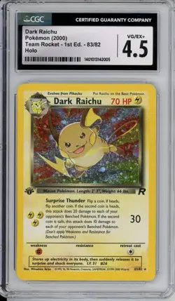 Pokemon Graded: Dark Raichu 1st Edition 83/82 Team Rocket (2000) Holo CGC 4.5 - Image 1
