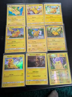 9 Pikachu pokemon cards normal, reverse holo, and holo card with stamps - Image 1