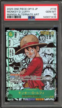 One Piece CCG Monkey.D.Luffy Japanese Manga Alternate Art OP13-118 PSA 10 - Image 1