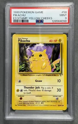 1999 Pokemon Game #58 PIKACHU E3 STAMP YELLOW CHEEKS 58/102 Base Set Card PSA 9 - Image 1